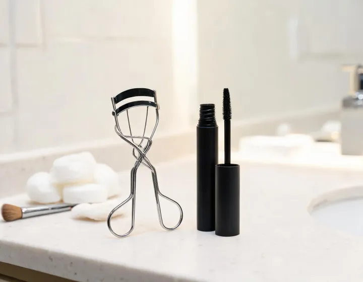 eyelash curler before or after mascara on a cosmetics bench, illustration only