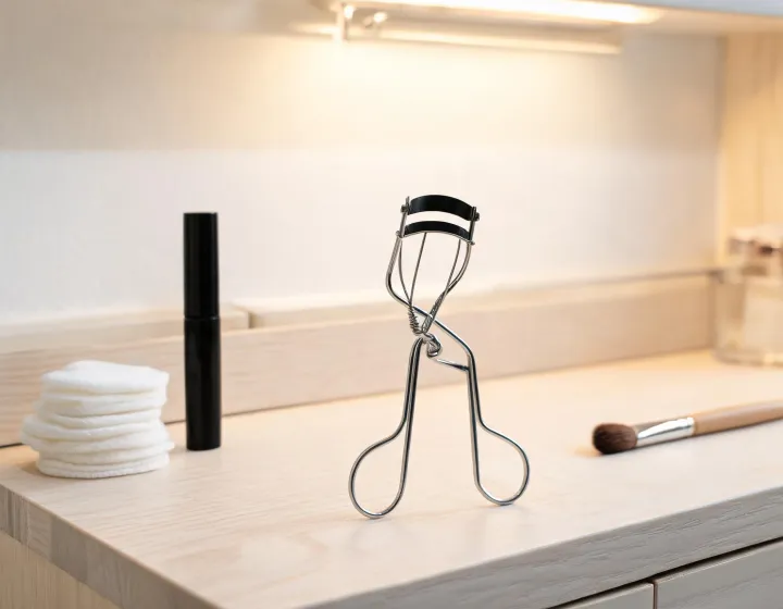 eyelash curler for long lashes on a cosmetics bench, illustration only